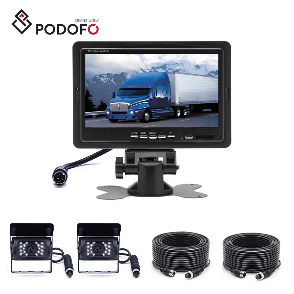Podofo Kamera Pembalik Mobil 2 X, 4 Pin 7 Inci LCD Alat Monitor Tampilan Belakang Sistem Parkir untuk RV Truk Van 12V/24V