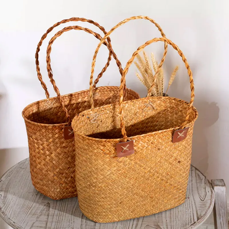 Cesta ecológica de venda quente criativa tecido vime palha rattan estilo diário pc e cesta de arranjo de flores de madeira