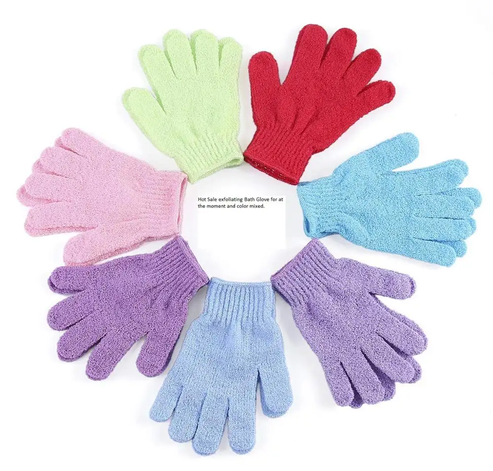 Оптовая продажа, нейлоновые одноцветные перчатки для ванны, отшелушивающие перчатки для удаления омертвевшей кожи