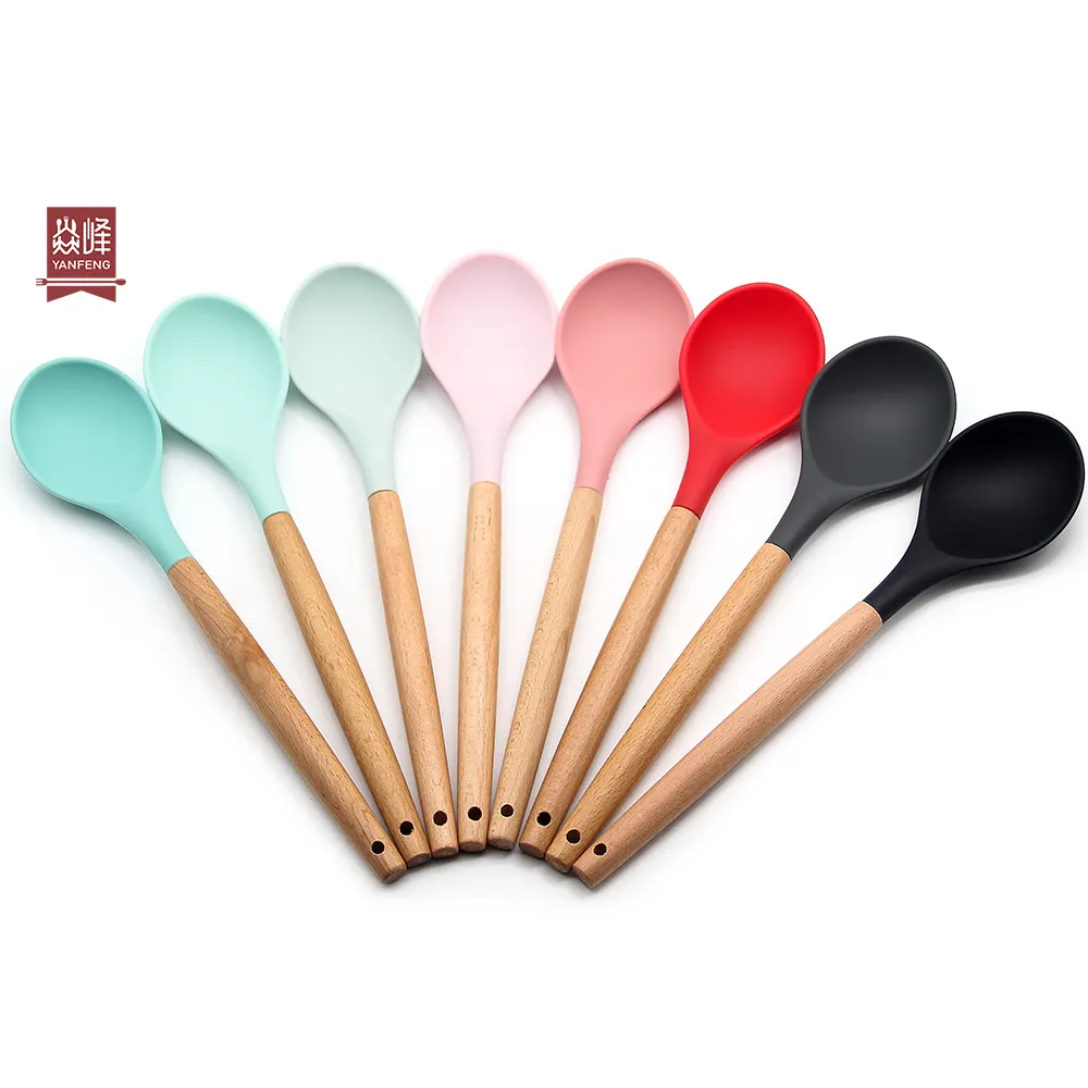 OEM color simple durable food grade Kitchen silicone serving spoon with beech handle