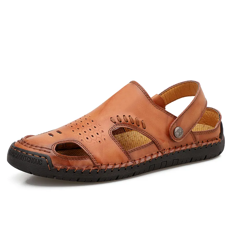 Sandalias de Cuero Genuino para Hombre, Zapatos de Playa, Transpirables, Suaves, Costura Hecha a Mano, Talla Grande, Verano