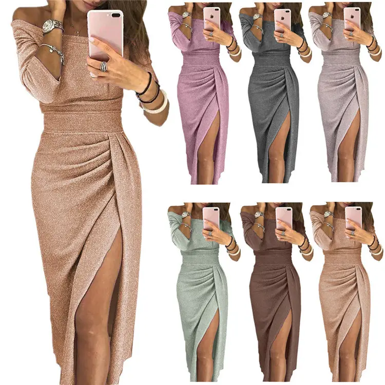 2022 kadın zarif moda seksi tekne boyun Glitter uzun elbiseler bayanlar parti Maxi lüks elbisesi pullu bölünmüş gece elbisesi