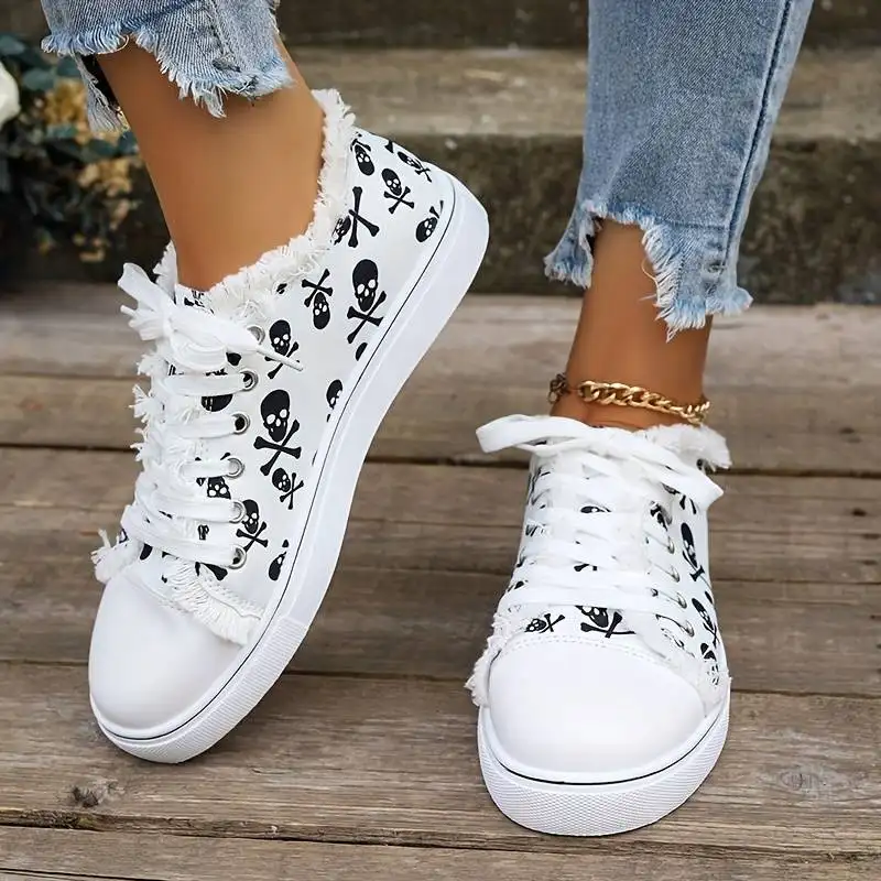 Zapatos de lona con estampado de calavera para mujer, zapatos de Halloween con cordones y punta redonda antideslizantes de corte bajo, zapatos cómodos para exteriores