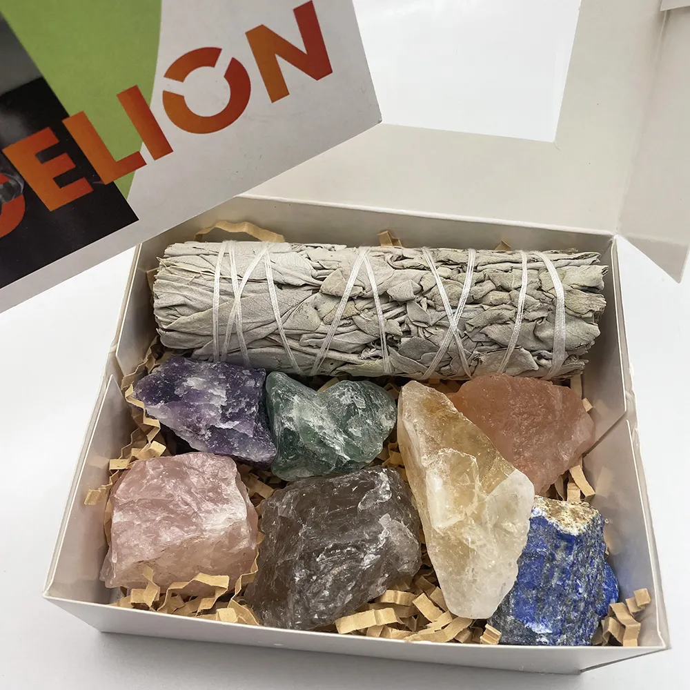 CELION Sage Kit noda dengan 7 Set Chakra kristal rumah pembersih energi negatif stik dupa Sage putih untuk penyembuhan