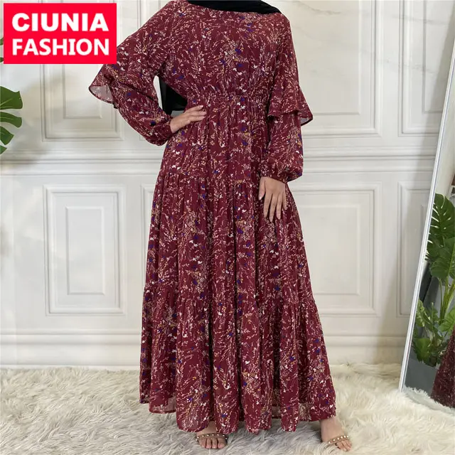 6564 # son şifon uzun kollu baskılı rahat elbise dubai türk müslüman bayanlar abaya giyim kadın islami elbise