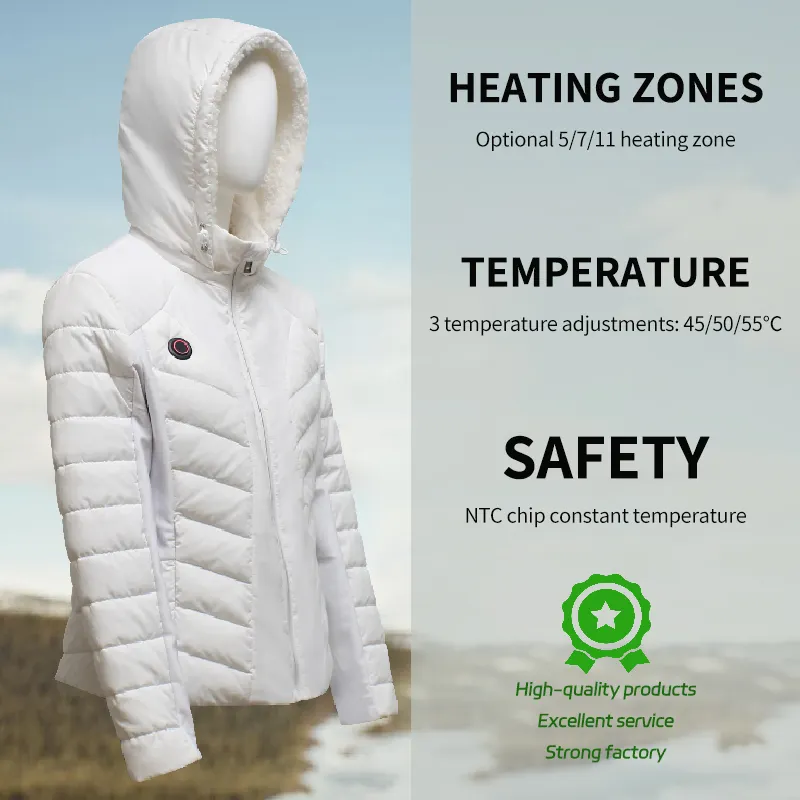 Veste chauffante personnalisée pour femmes manteau de neige en duvet d'hiver avec application de batterie et régulateur de température pour la chaleur extérieure