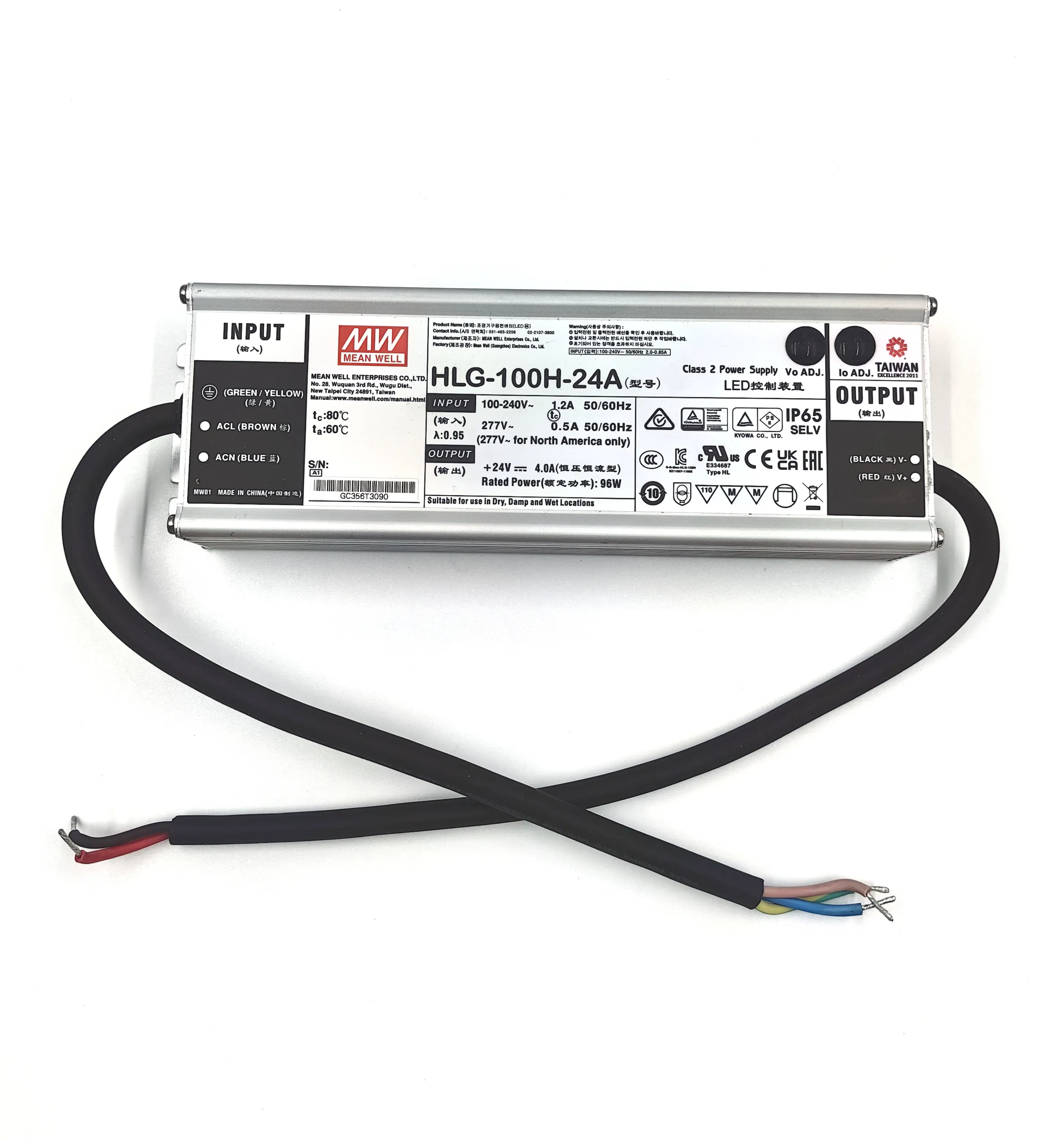 MeanWell HLG-100H-24A 80W 100W 120W 185W 240W 320W 480W 600W กันน้ําเทคโนโลยีการสลับวงจรแหล่งจ่ายไฟสําหรับไฟ LED