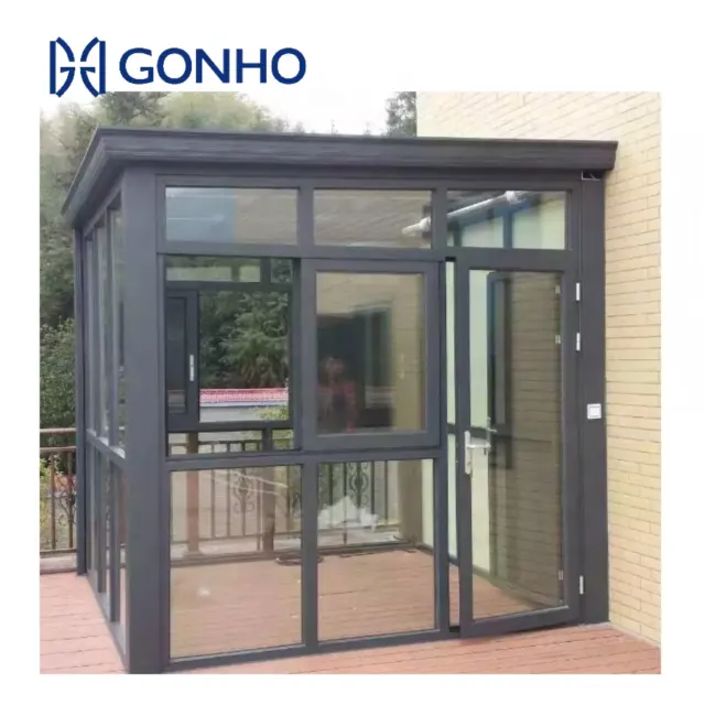 Gonho, vente en gros, extérieur, aluminium gris quatre saisons, chambre en verre rétractable, inclinaison au véranda, à vendre