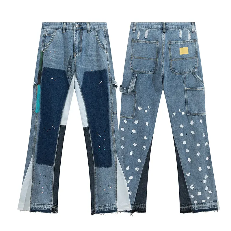 Streetwear da uomo High Street Painted Double Carpenter Jeans pantaloni Cargo personalizzati Patchwork Vintage Flare Jeans