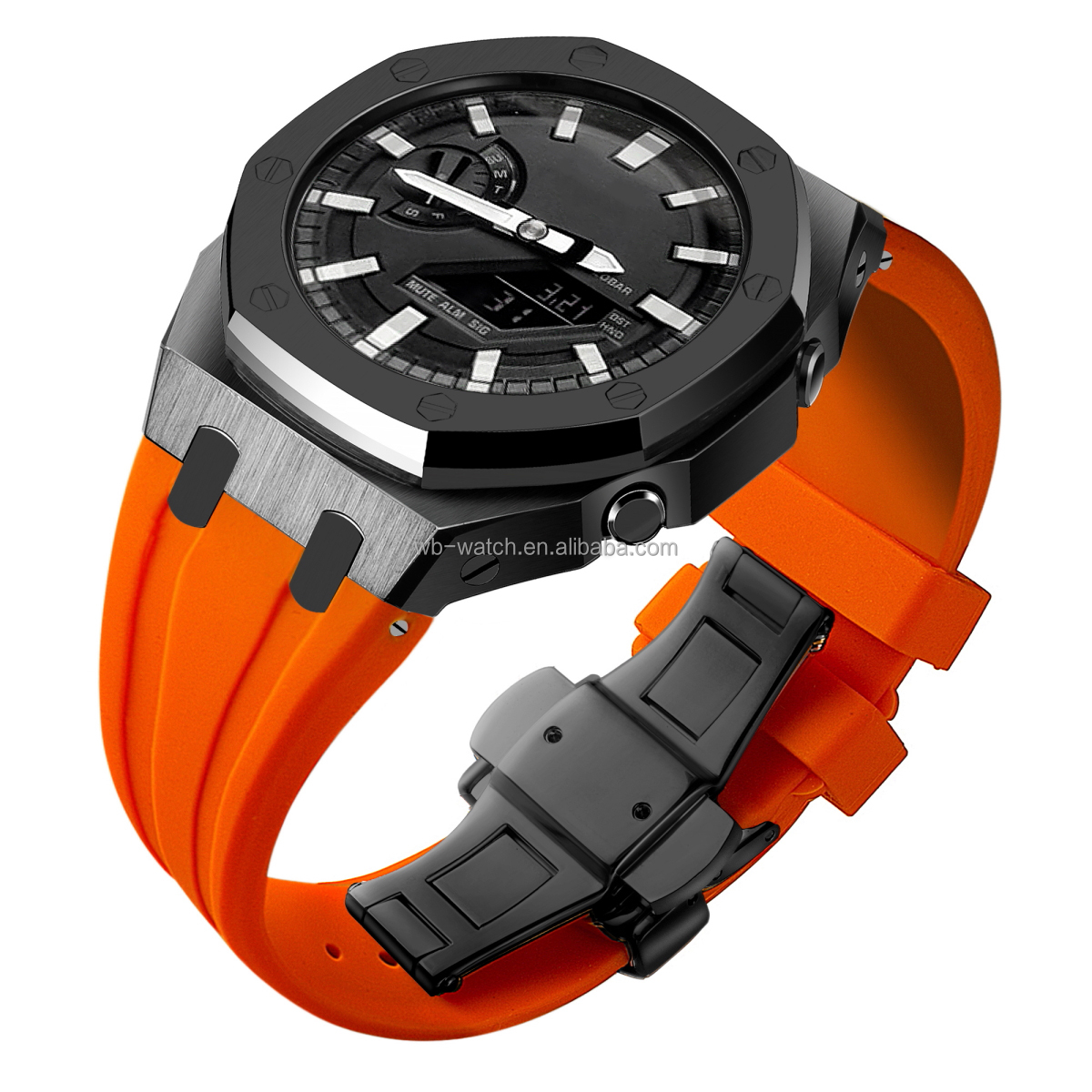 Boîtier noir, bracelet orange