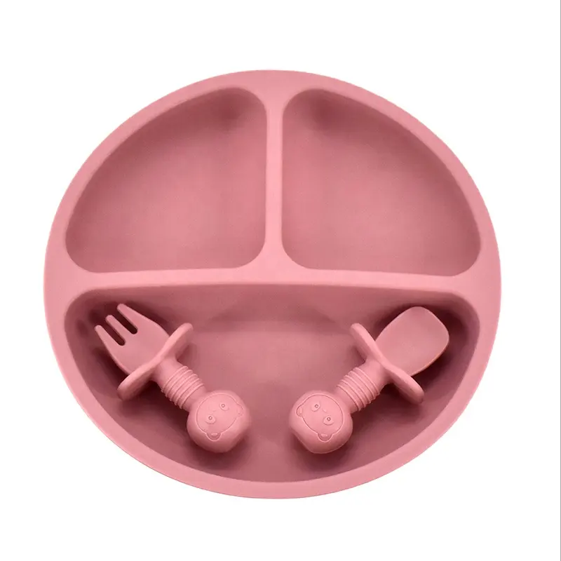Placa de sucção de silicone para bebê, placa de comida inquebrável com colher e garfo antiderrapante sem bpa