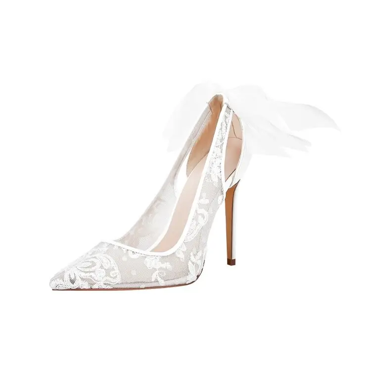 12CM Pointed Lace Stiletto Fashion Women Pumps Sexy Shoes White Lace Wedding Heels Ankle Strap Talon Haut Luxury for Bride PU