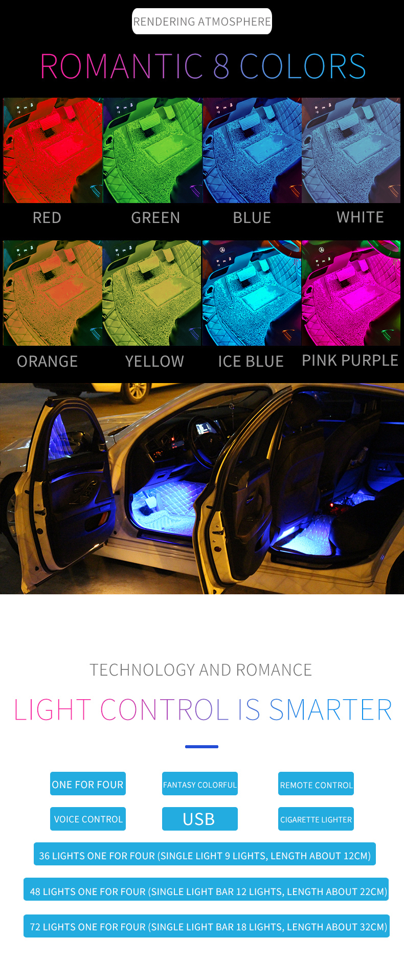 Backlight Music Control App RGB Auto Interior Decorative Atmosphere Light Led Car Foot Ambient Light Neon Mood Lighting With USB