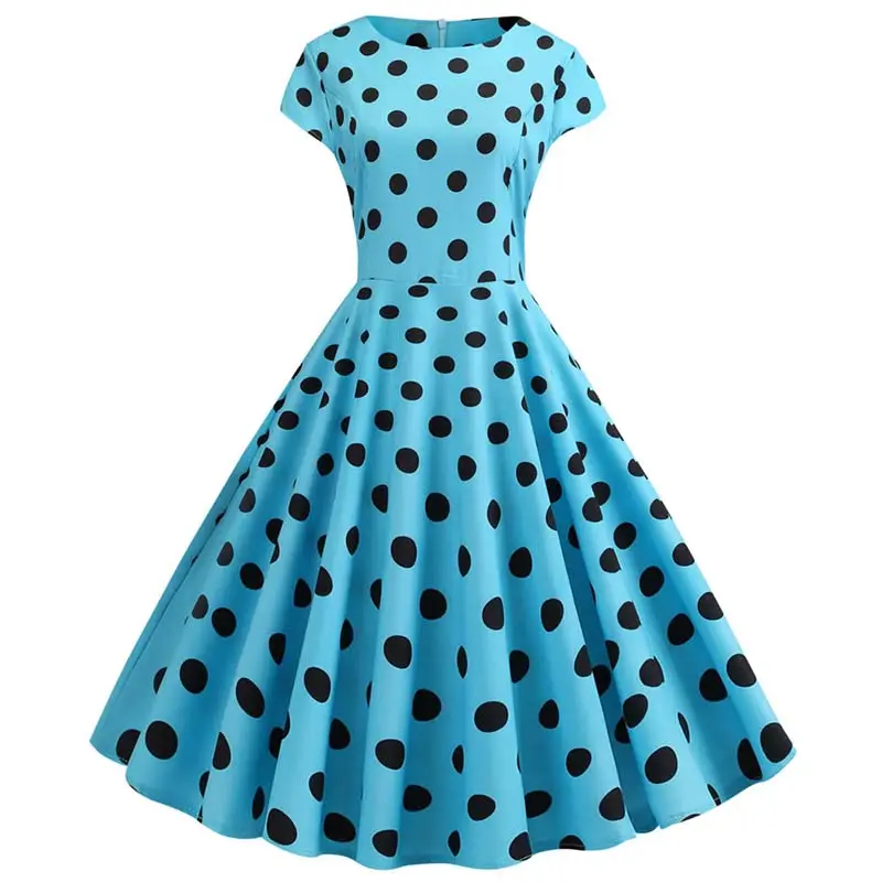 De manga corta de verano Polka Dot trabajo elegante Casual de oficina de impresión Vestido Mujer 50s 60s Vintage vestido elegante