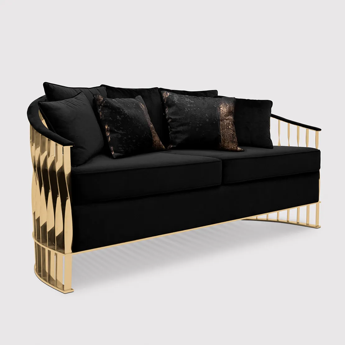 Dasar Kuningan Beludru Hitam Desain Mewah 3 Set Sofa Ruang Tamu Sofa Catur