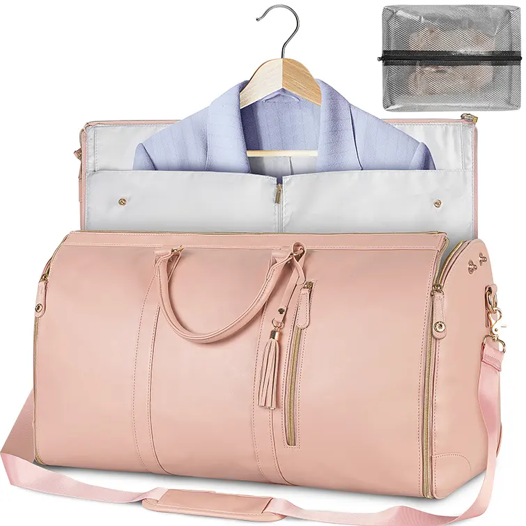 Bolso de viaje plegable para mujer y niña, elegante, impermeable, de cuero PU, púrpura, Rosa, con bolsa para zapatos, 2022