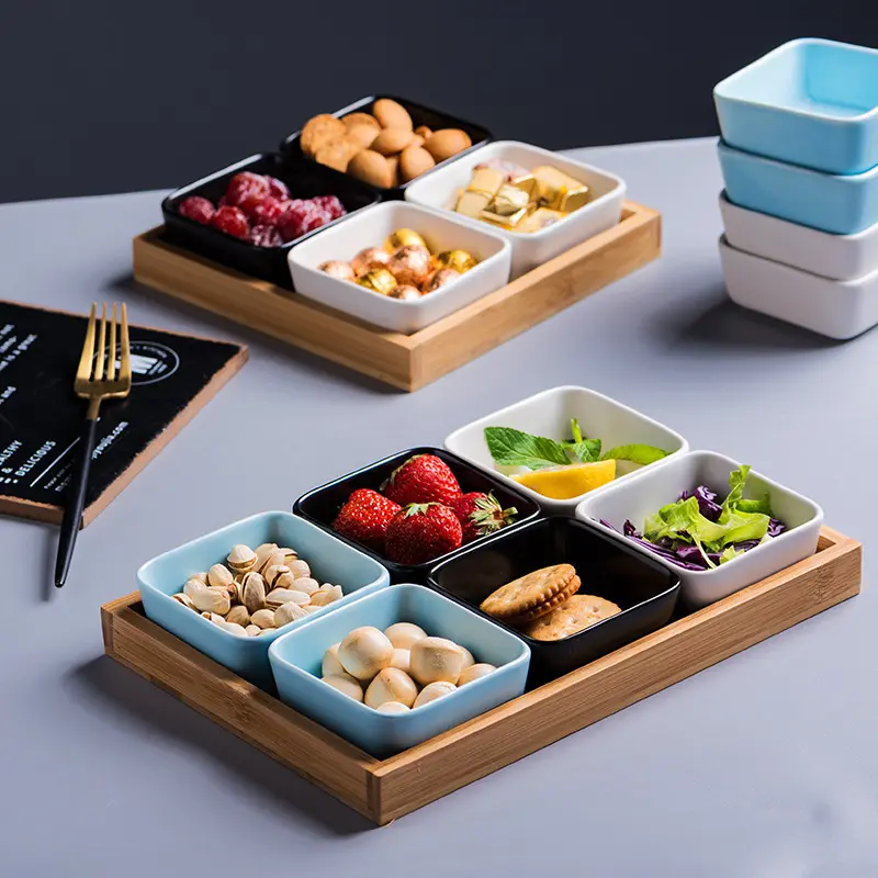 Ceramic Bowl Set, Environmental Removable Fruit Bowl For Snack/Fruit/Sushi/BBQ/Side Dishes, Compartment Bowls With Bamboo Tray