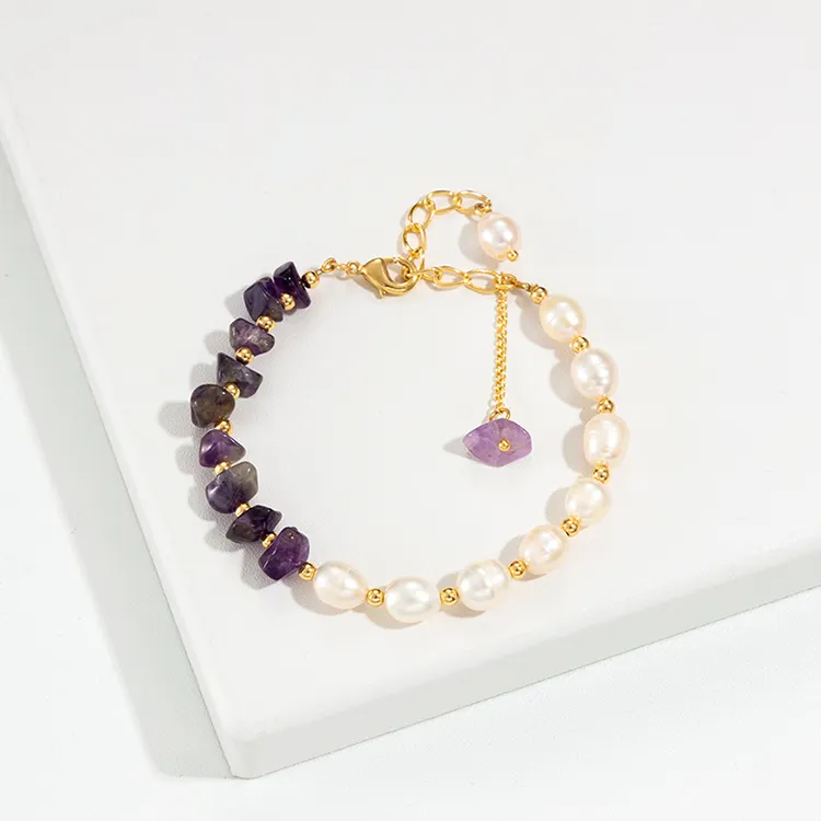 Personalizzato Semi-prezioso naturale perla d'acqua dolce quarzo ametista reale naturale Chakra navi braccialetto di pietra gioielli in pietra naturale