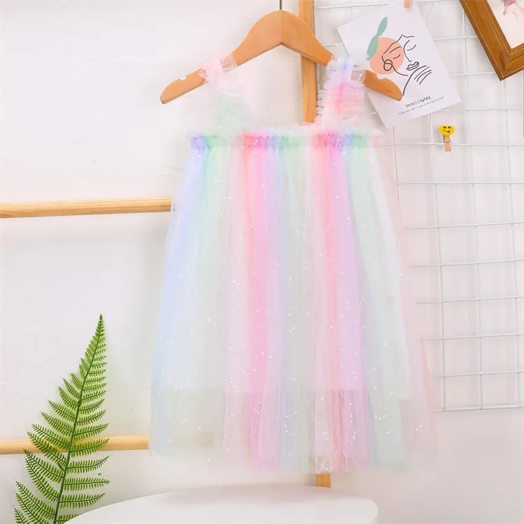 rainbow summer strap tulle princess dress vest fairy ball gown birthday party costumes toddler girls dresses