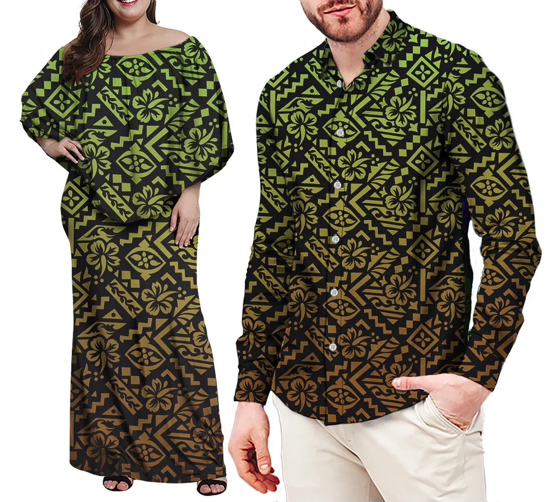 Mais novo Polinésia noite vestido para casal Mulheres Vestido de Noite Samoa Print Match homens oversized camisas