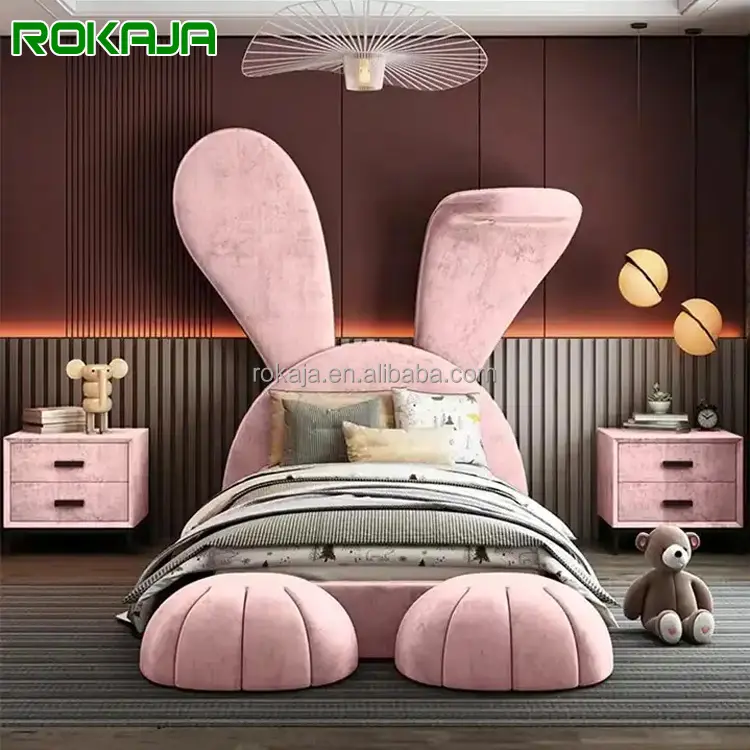 Letto singolo per bambini moderni carino letto rosa a forma di coniglio in velluto camera da letto mobili orecchie di coniglio principessa letto