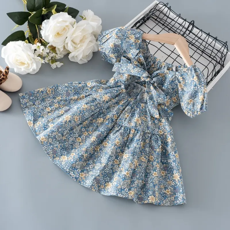 Children's Dress Prints Summer Kids Clothing Girls Party Dress Bow Sets Baby Girl Casual Lace Dress