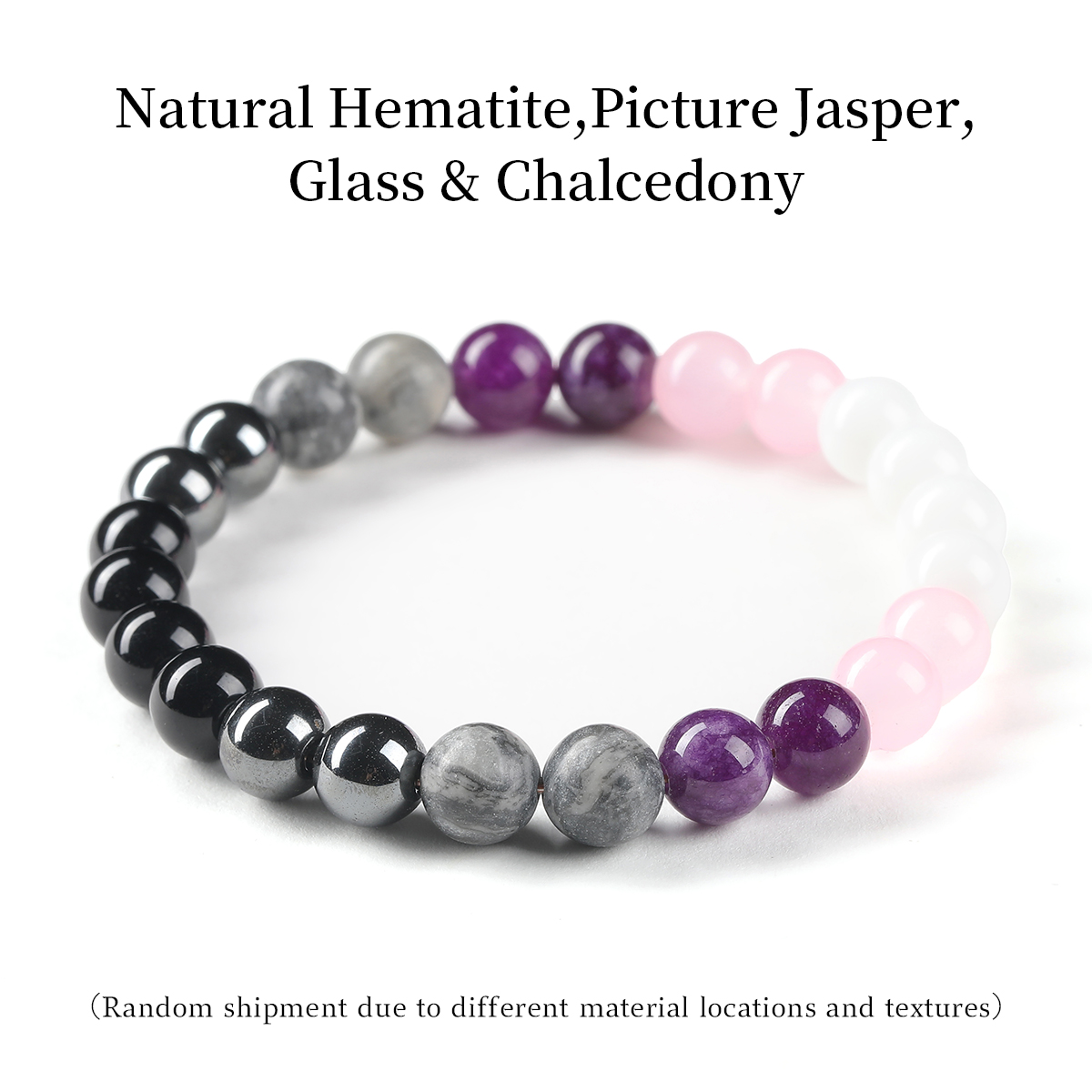 Hématite naturelle, Jaspe picturé, Verre et Calcédoine