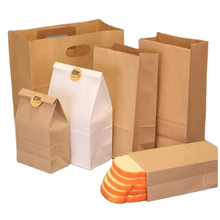 Imballaggio alimentare da asporto personalizzato fondo quadrato sacchetto per pane da forno biscotto biscotto marrone bianco sacchetto di carta cerata artigianale