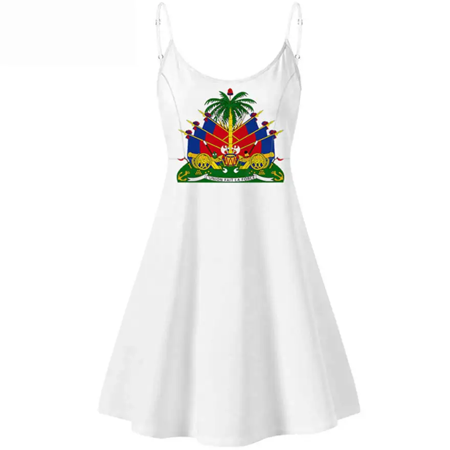 Ropa blanca con bandera haitiana estampada para mujer, vestidos occidentales, ropa informal con cuello en V, vestidos casuales florales, trajes de verano para niñas haitianas