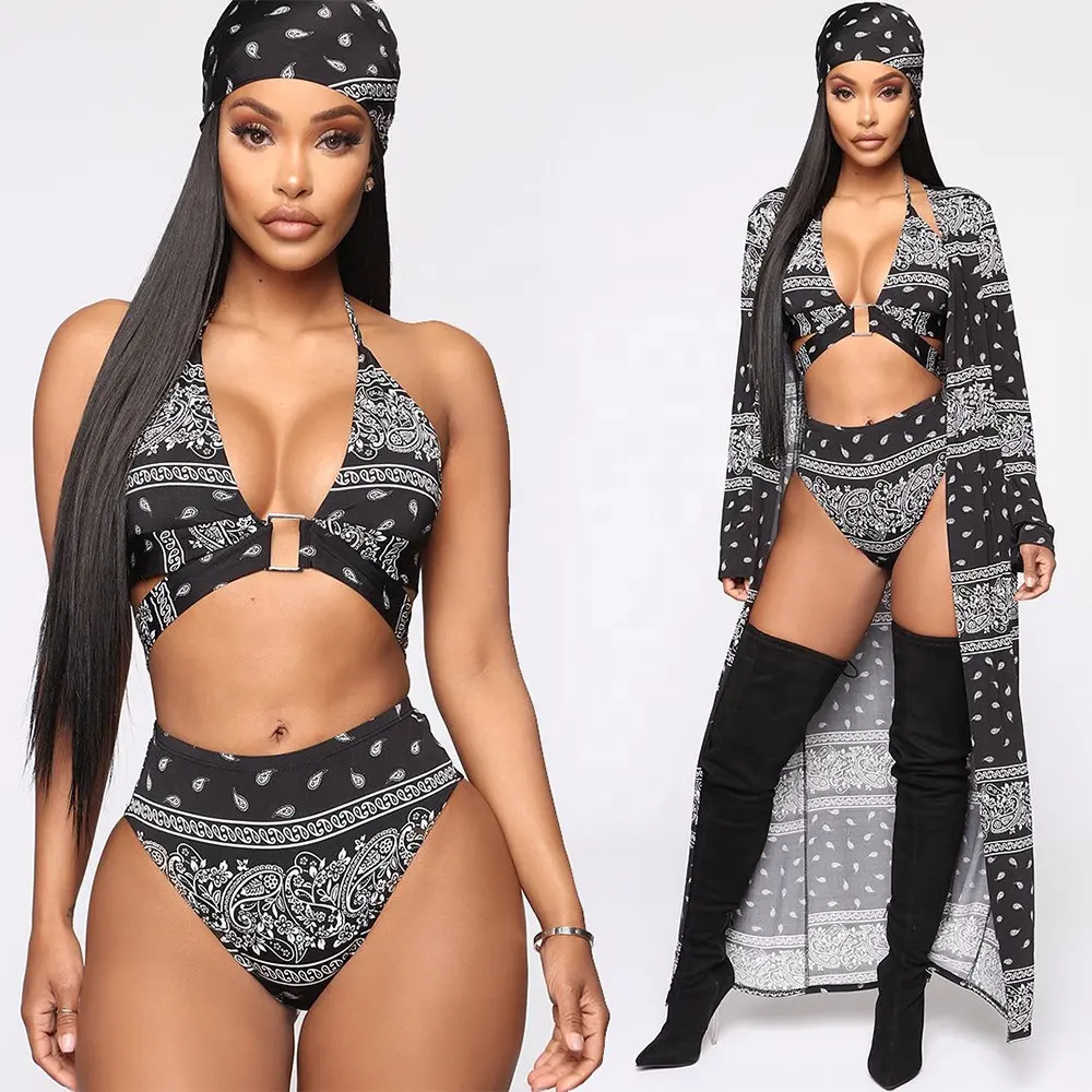 2021 Trend Hochhaus Badeanzug Bikini afrikanischen Druck Grande Taille Bandana Badeanzüge 4 Stück Bade bekleidung mit Stirnband