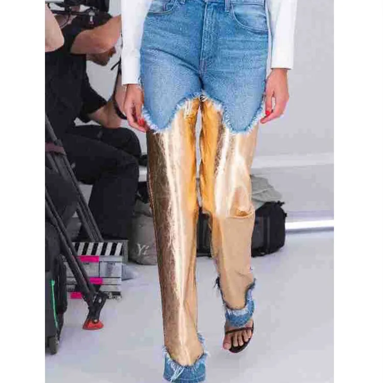 Mujer oro plata recubierto Pu cuero color bloqueado pierna recta azul lavado algodón Denim jeans patchwork pantalones largos Pantalones
