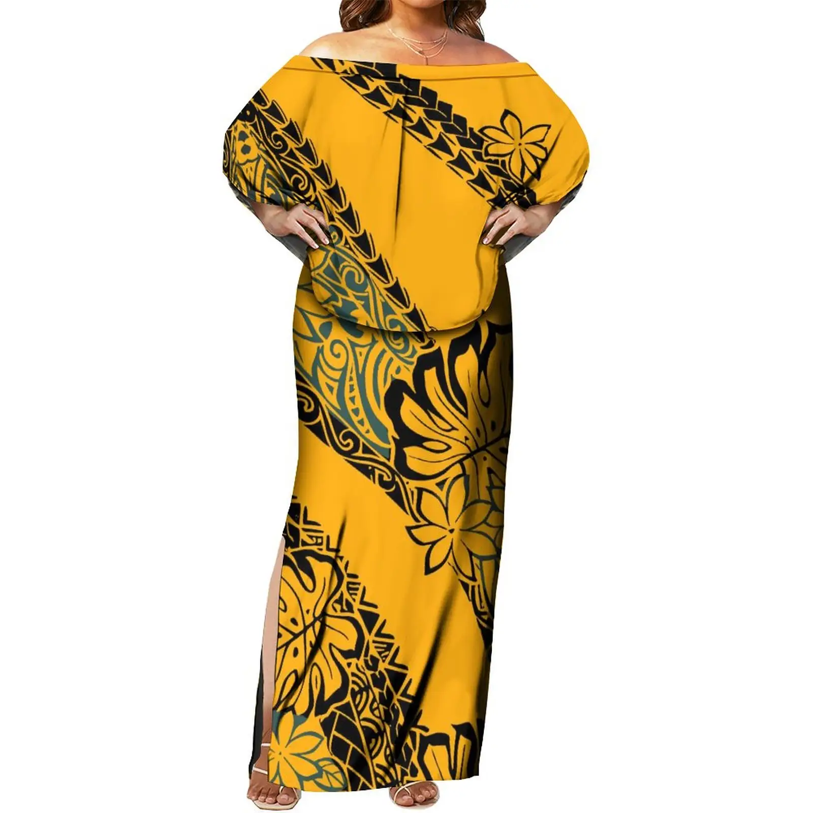 Maxi abiti stile etnico polinesiano giallo Hawaii abito con spalle scoperte e volant a strati con spacco Plus Size 6XL abbigliamento donna