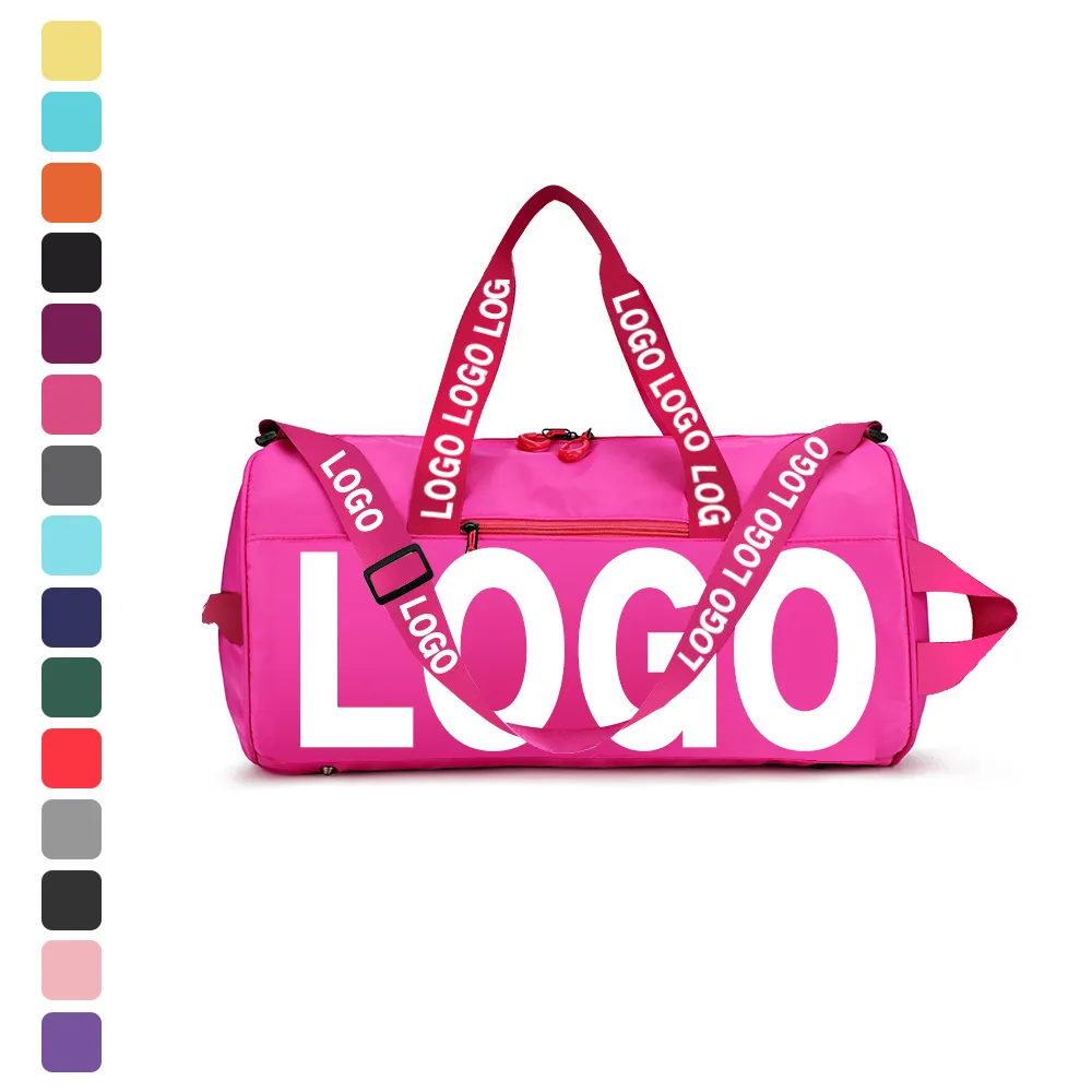 Bolsa de viaje de equipaje de poliéster portátil impermeable con logotipo impreso personalizado, bolsa de lona de entrenamiento deportivo plegable para gimnasio para mujer