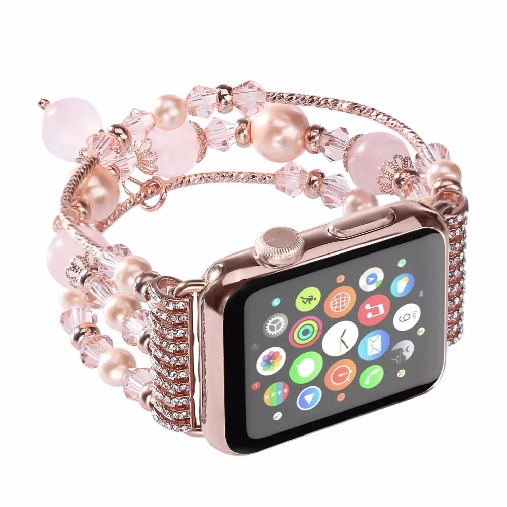 Ladies Women Link Jewelry Pearl Strap for Apple Watch 1 2 3 40 44mm Replacement Beaded Elastic Strap for 42mm 38mm Bracelet Band
