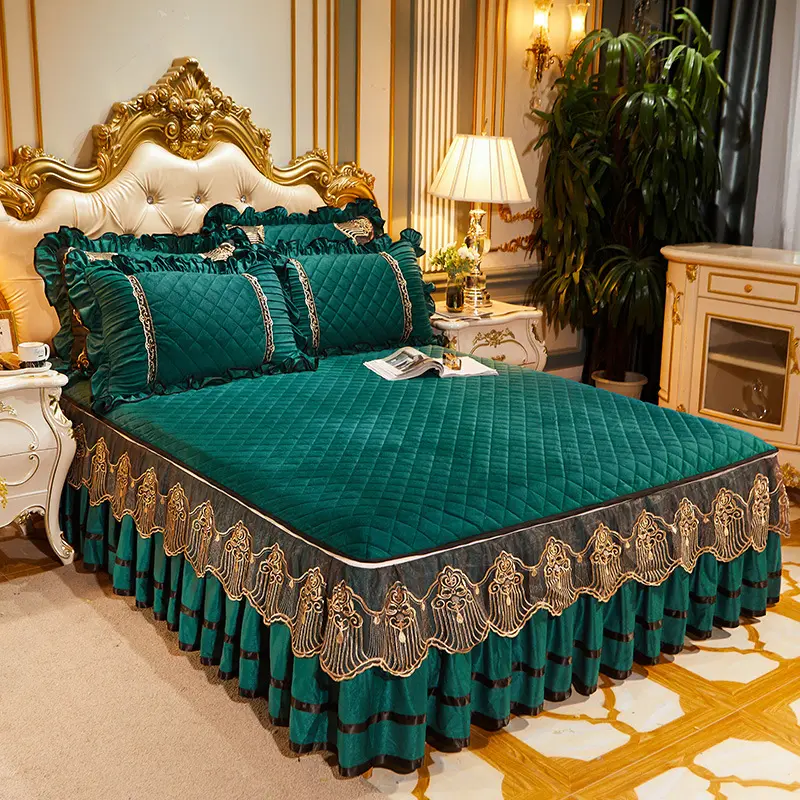 Set Rok Bed Cover Kain Halus Musim Dingin Royal, Set Rok Tempat Tidur Ruffle Renda Kamar Tidur Putri Eropa