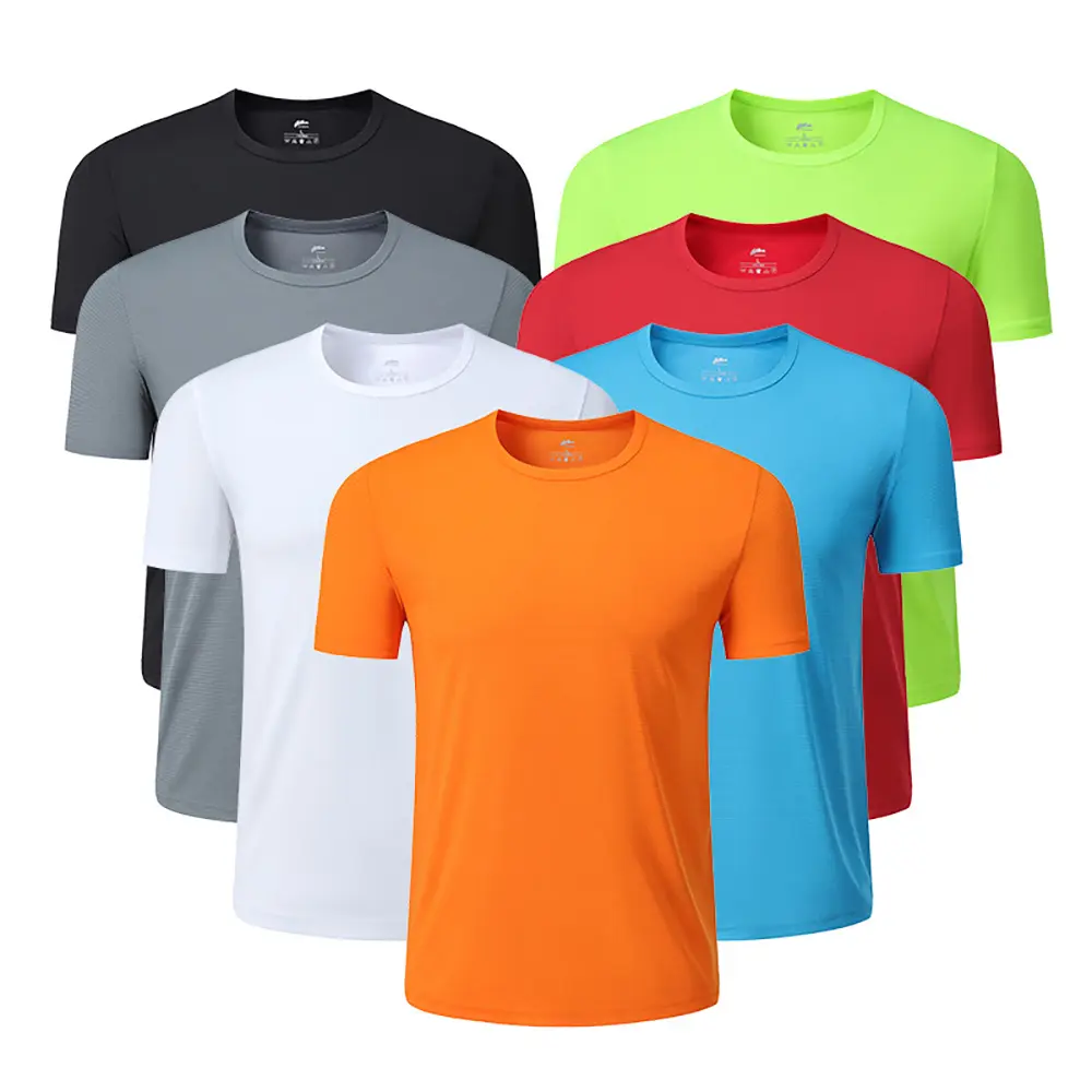 Camiseta de entrenamiento transpirable de secado rápido con impresión personalizada para hombre, camiseta de poliéster 100% lisa con cuello redondo