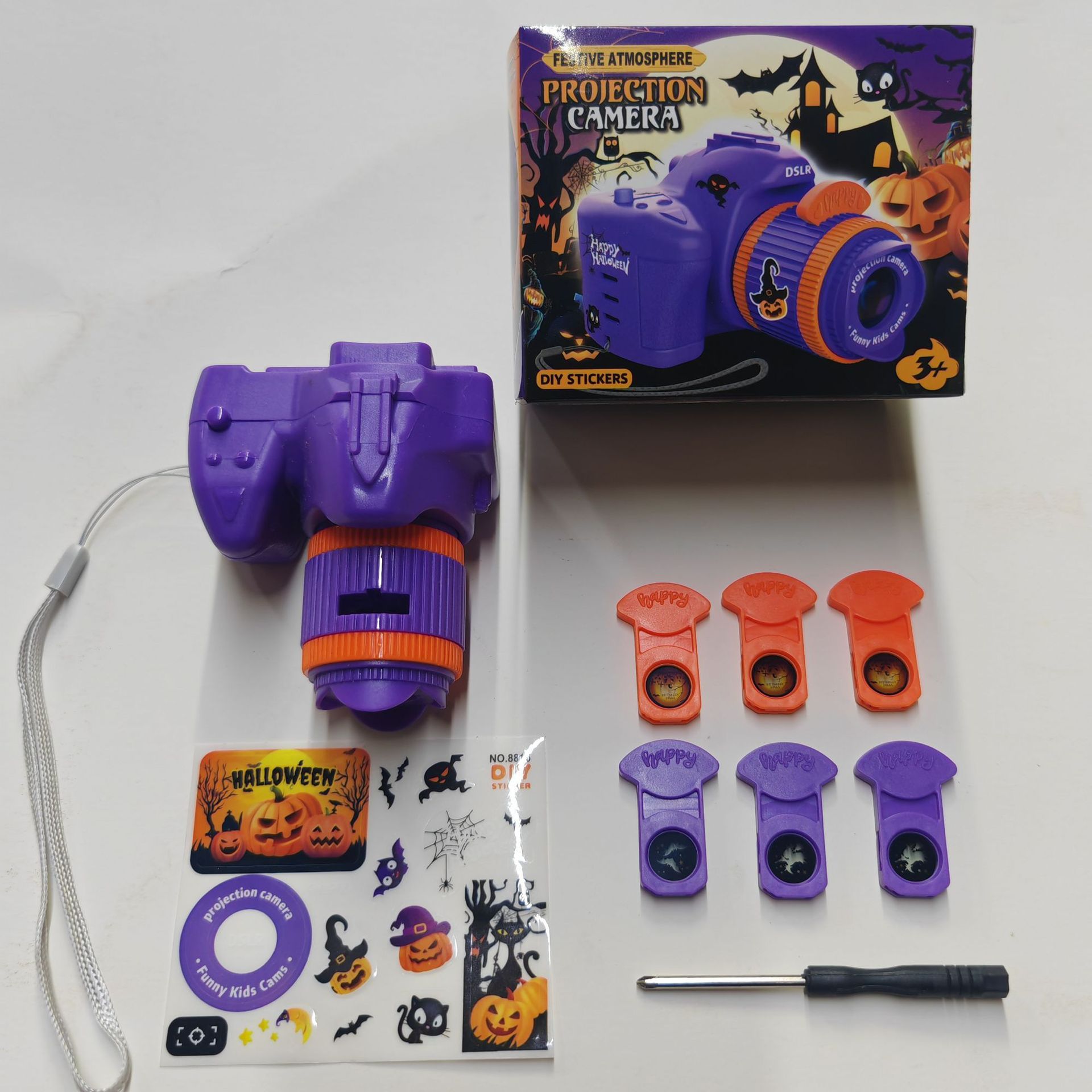 Cámara de Halloween morada - 6 tarjetas, 6 fotos - caja de color