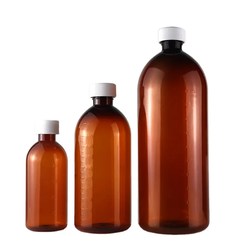 Пластиковая бутылка сиропа от кашля янтарного цвета с крышкой для безопасности детей, 200 мл, 500 мл, 1000 мл