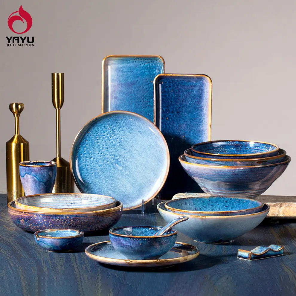 Красочная керамическая посуда в скандинавском стиле, русский Обеденный набор, оптовые продажи, тарелки, наборы роскошной посуды для ресторана, синяя фарфоровая посуда