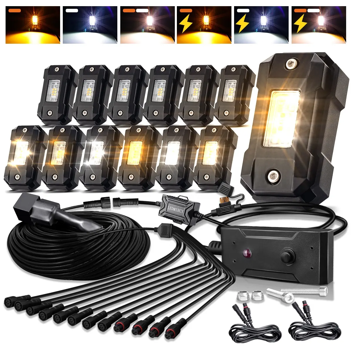 Switchback LED Rock Lights Kits Blanco Ámbar Estroboscópico 12 Pods 6 Modo Función de memoria Función de reinicio con arnés de cableado para camiones