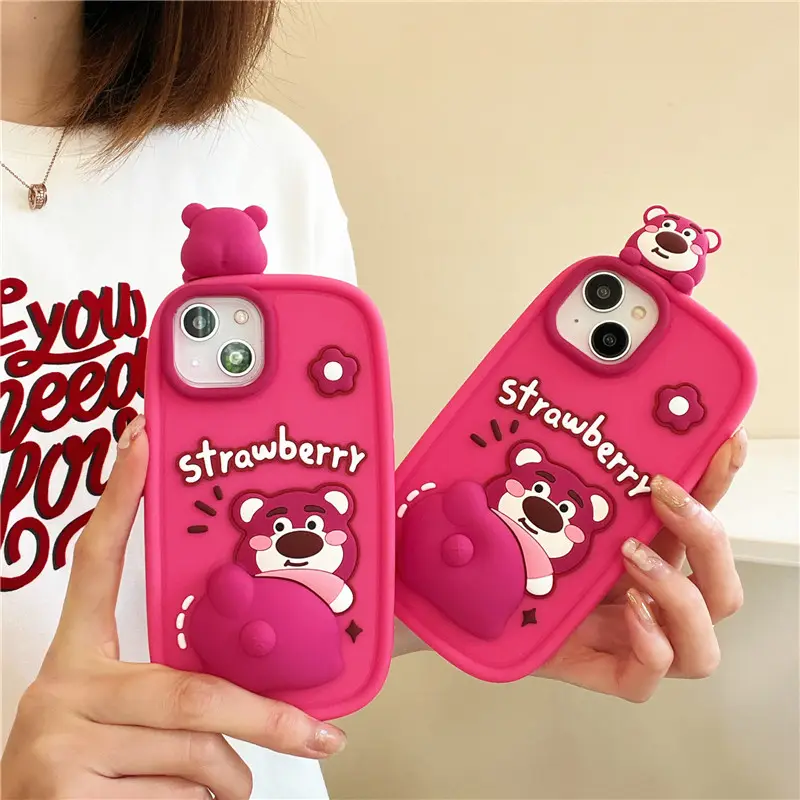 Casing ponsel lucu silikon kartun beruang stroberi untuk Apple iPhone 15 14 13 12 pro max 11