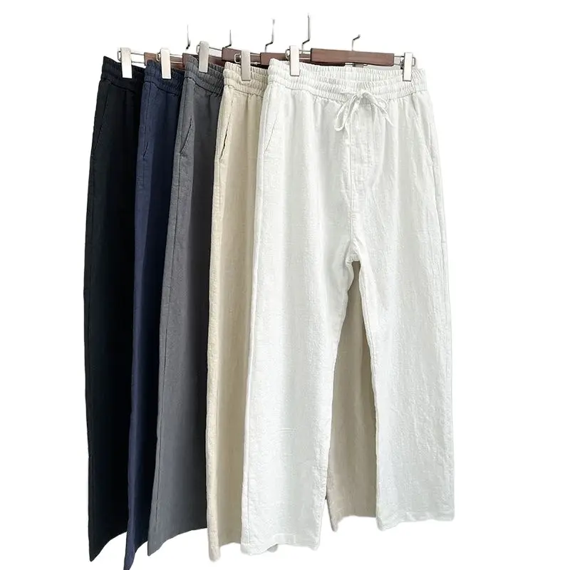 Pantalones de verano para hombre, pantalones casuales de lino y algodón para hombre, pantalones blancos sueltos de pierna recta para hombre