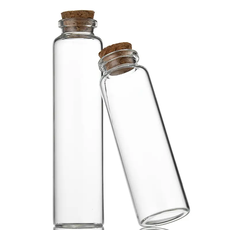 High quality multiple capacities empty clear small glass container bottle with cork lid