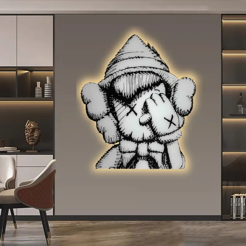 JZ Kids Room Decoration Luxury 3D Led Light Bear Wall Art Picture Led Light Painting Illuminated Fluid Painting Bears