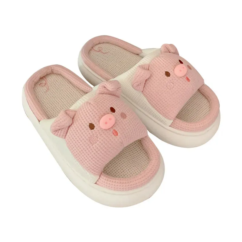 Bonitas zapatillas de cerdo de dibujos animados 2024 para mujer, verano, dormitorio interior, suela gruesa suave, zapatos divertidos, zapatillas de lino, zapatillas