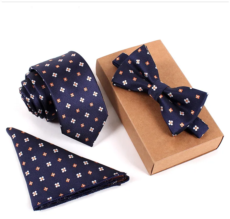 3pcs/Set 2.4'' Slim Silk Tie Set Men Bow Tie and Pocket Square Bowtie Necktie Cravate Handkerchief without Box Accept OEM ODM