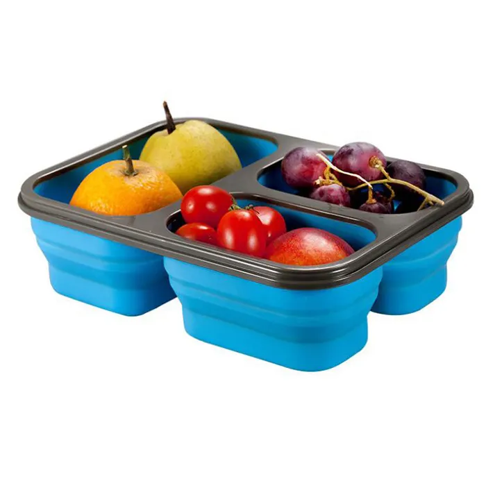 Reusable Bpa Free Food Grade Silicone Lunch Box Kid Bento Box with 3 Compartment Dividers LeakProof Plastic Lid