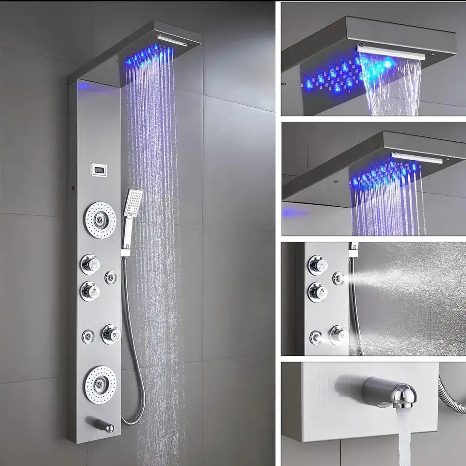 Torre de painel de chuveiro, níquel escovado sistema de aço inoxidável chuveiro cachoeira 6-função sistema de massagem com jets corporal
