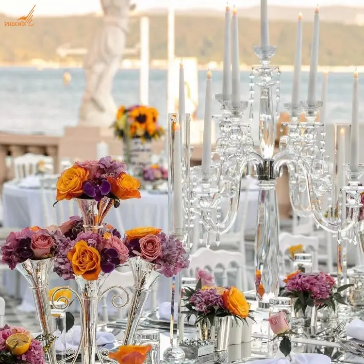 Boda alto claro 9 armas crystal candelabro/pieza central de cristal candelabros al por mayor