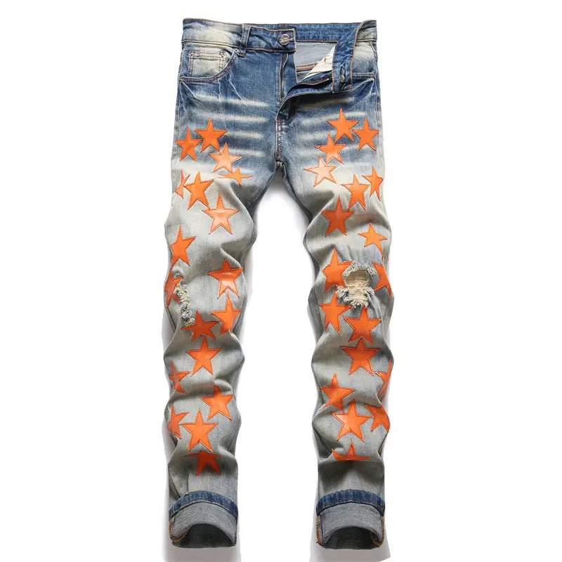 Wholesale Custom Fashion Designer Amiry Slim Men's Jeans Pants For Men Star Patched Jeans
